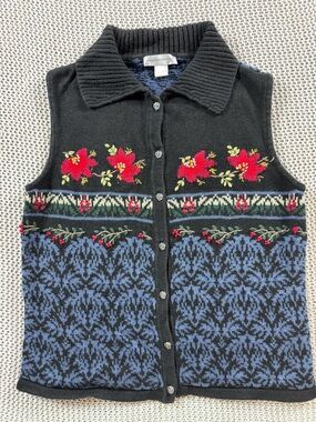 Christopher & Banks Vintage Holiday Floral Fair Isle Knit Sweater Vest M | AS-IS